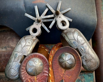 Antique Mexican Charro Spurs Amozoc Style, Distressed Inlaid Silver and Tooled Leather Straps