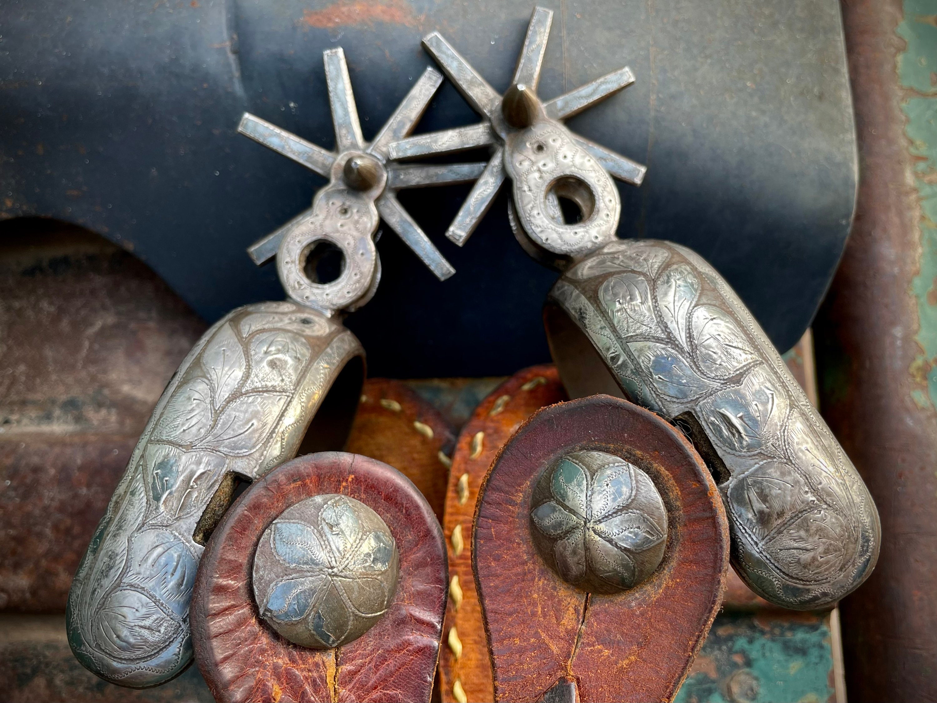 Antique Mexican Charro Spurs Amozoc Style, Distressed Inlaid Silver and