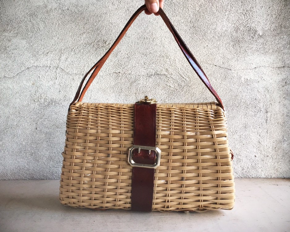 Vintage Woven Straw Purse with Leather Strap Handles 1950s 1960s Wicker Bag for Women