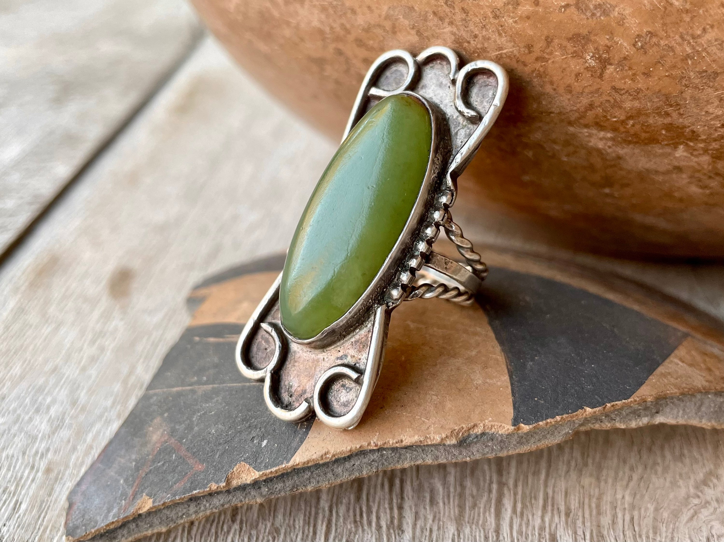 Vintage Fred Harvey Era Green Jade Ring Size 5 Collectible