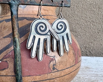 Artisan Sterling Silver Hand with Spiral Earrings Approx 2" Dangle to 2.5"