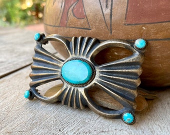 Vintage Tufa Cast Sterling Silver Turquoise Belt Buckle by Navajo Martha Cayatineto, Native American Indian Western Belt Woman Small Waist