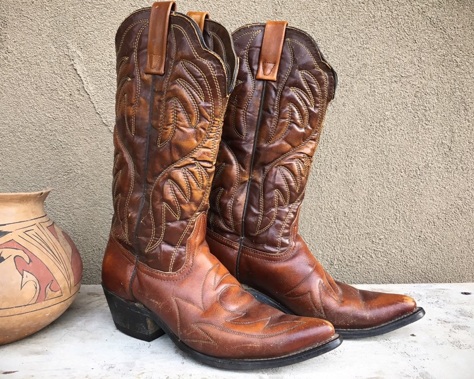 Vintage Quilted Brown Leather Cowboy Boots Men's Size 8 D with Flame ...