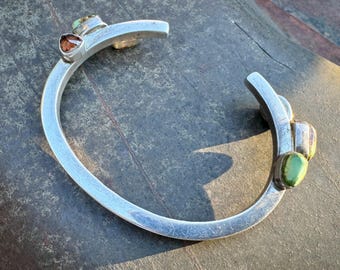 Lilly Barrack Open Cuff Bracelet Heavy Gauge Sterling Silver Turquoise on Terminals Worn Up