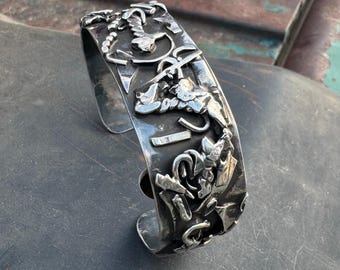 Vintage Sterling Silver Sculptural Cuff Bracelet Approx Size 7+, Molten Brutalist Jewelry