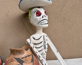 Vintage Paper Mache Calavera Skeleton Sculpture 32", Day of Dead Skull Art Altar Decoration