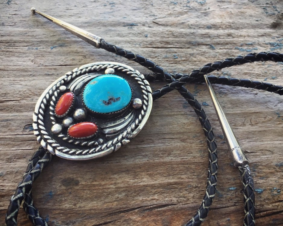 Vintage Turquoise Silver Bolo Tie for Men, Authentic Turquoise and