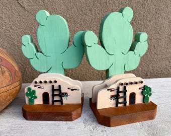 Vintage Wooden Bookends Adobe House Cactus Theme, Handmade Kitschy, Southwestern Decor