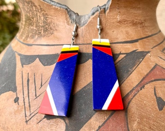 Colorful Santo Domingo Mosaic Inlay Slab Earrings Blue Orange White, Native American Jewelry