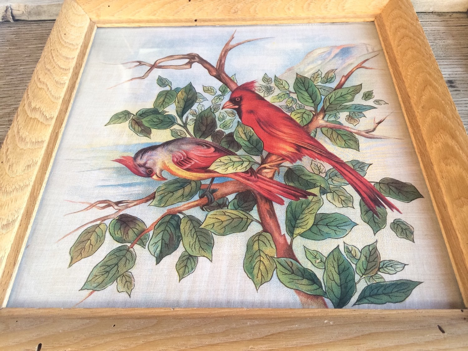 Victorian Art Red Cardinal Bird Fabric, Chinoiserie Decor Red, Antique