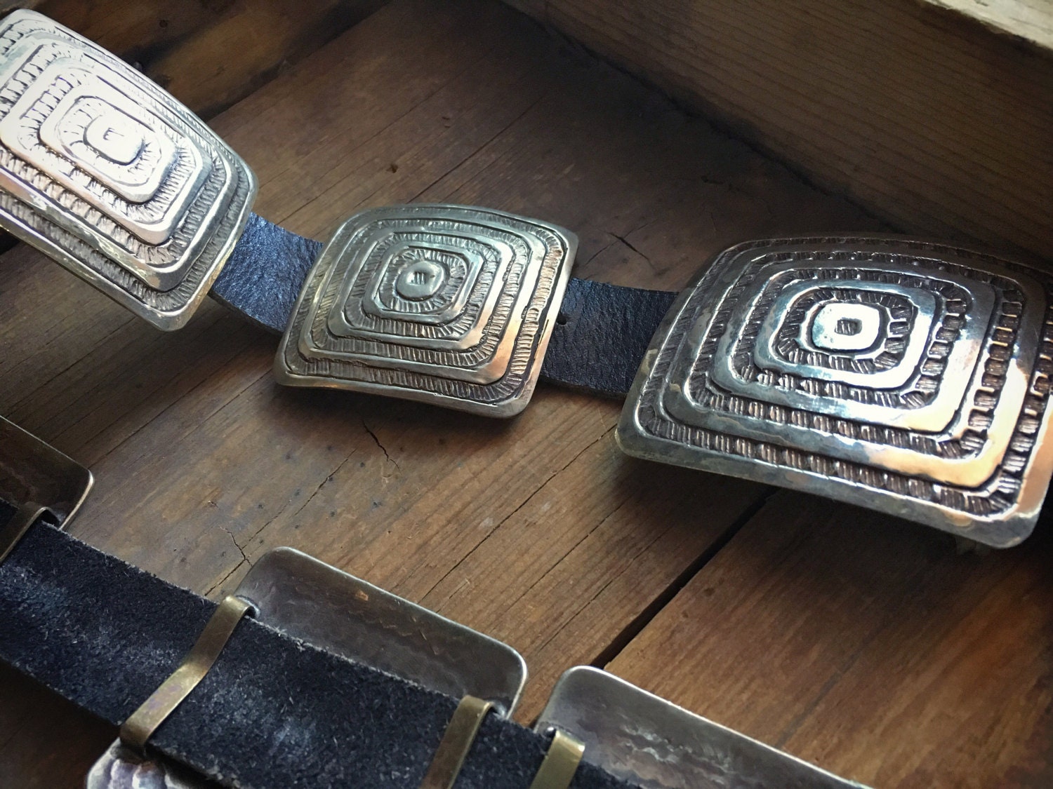 Native American Huge Detailed Vintage Gold Sterling Silver Signed Hand Tooled Concho Belt Native American Huge Detailed Vintage Gold Sterling Silver Signed Hand Tooled Concho Belt