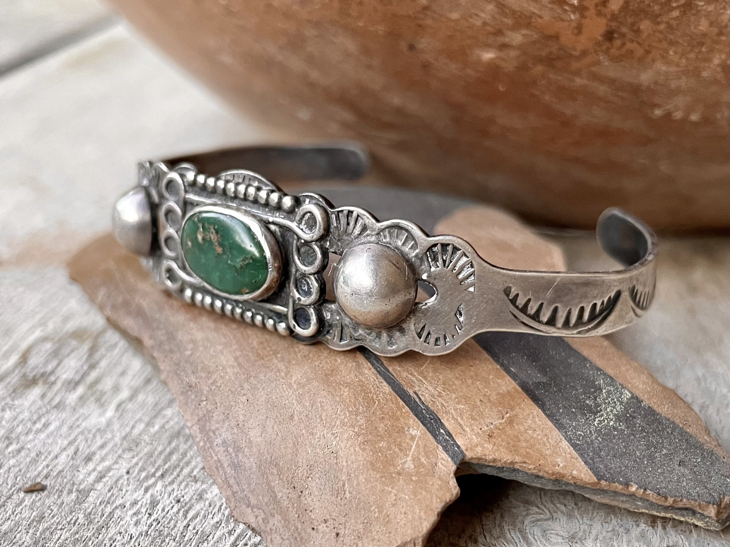 Vintage Fred Harvey era Sterling silver green turquoise bracelet