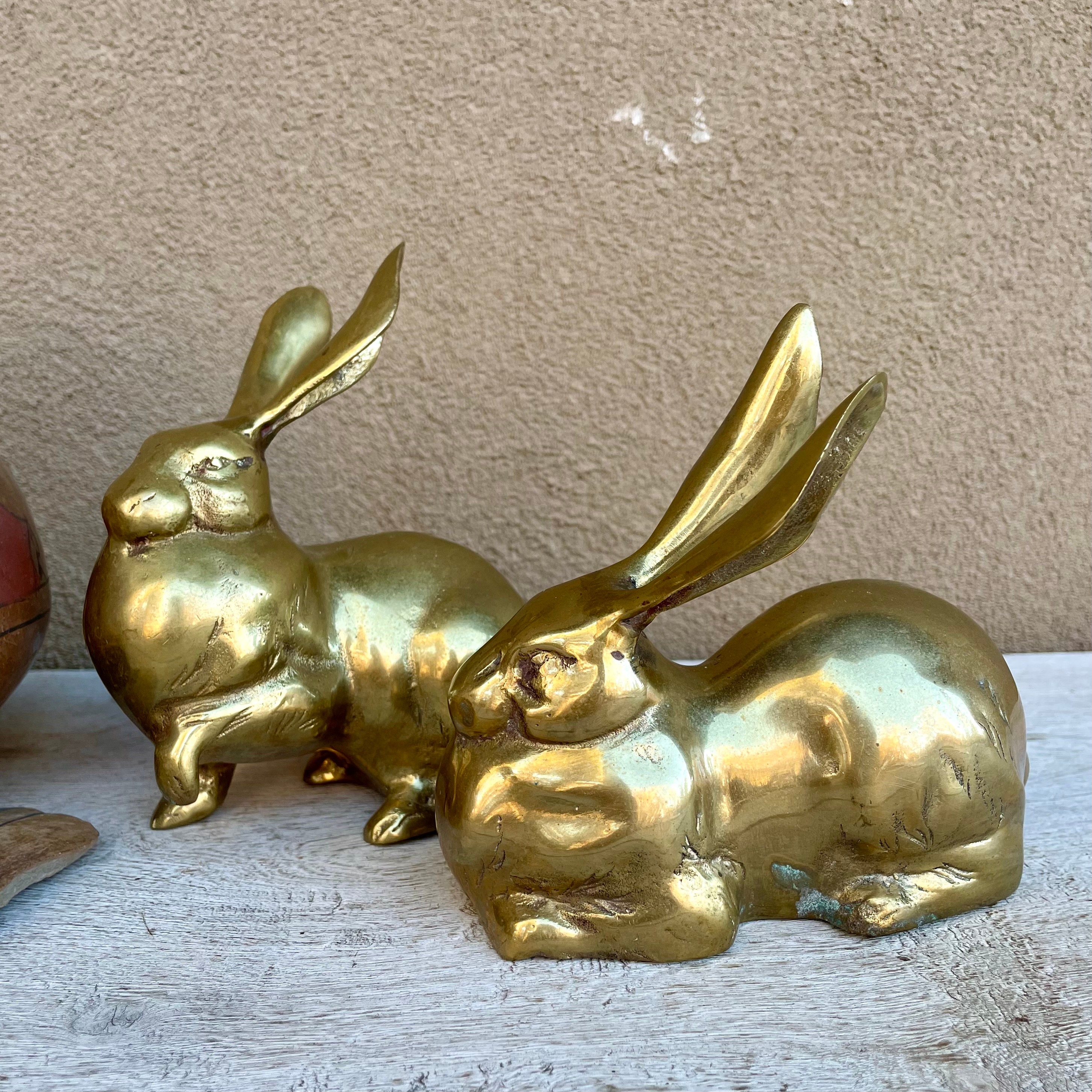 Pair of Vintage Solid Brass Rabbit Figurines, Easter Table Centerpiece  Decorations, Shelf Display, Bunny Lover Gift for Mom, Spring Decor 