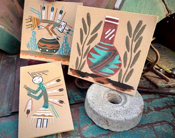Three Unframed Navajo Sand Paintings, Southwestern Scenes, Medium Small