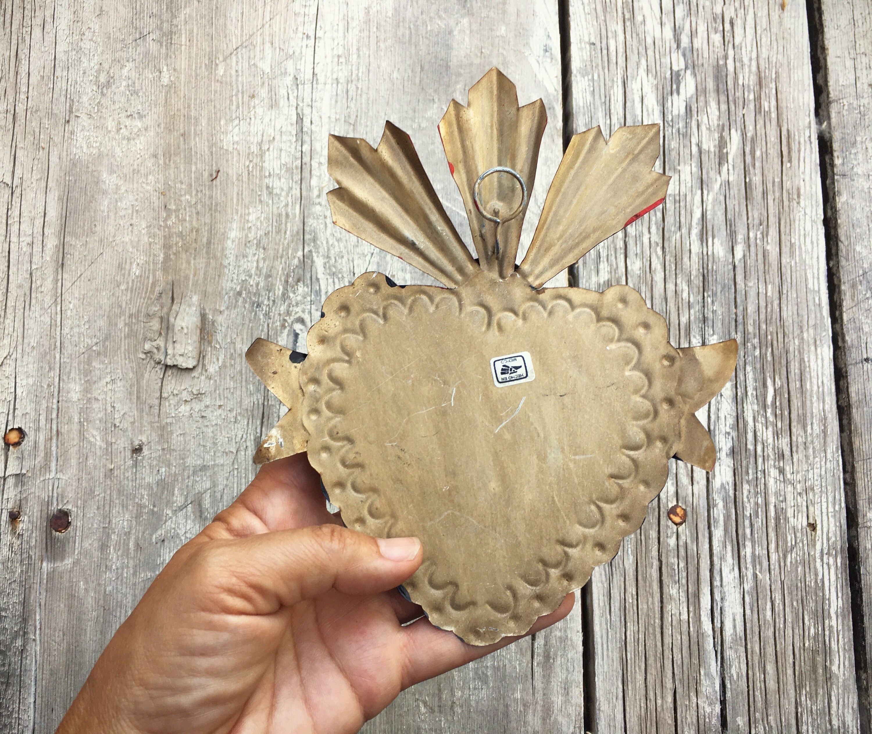 Small vintage Mexican tin Sacred Heart ex voto wall hanging, Mexican