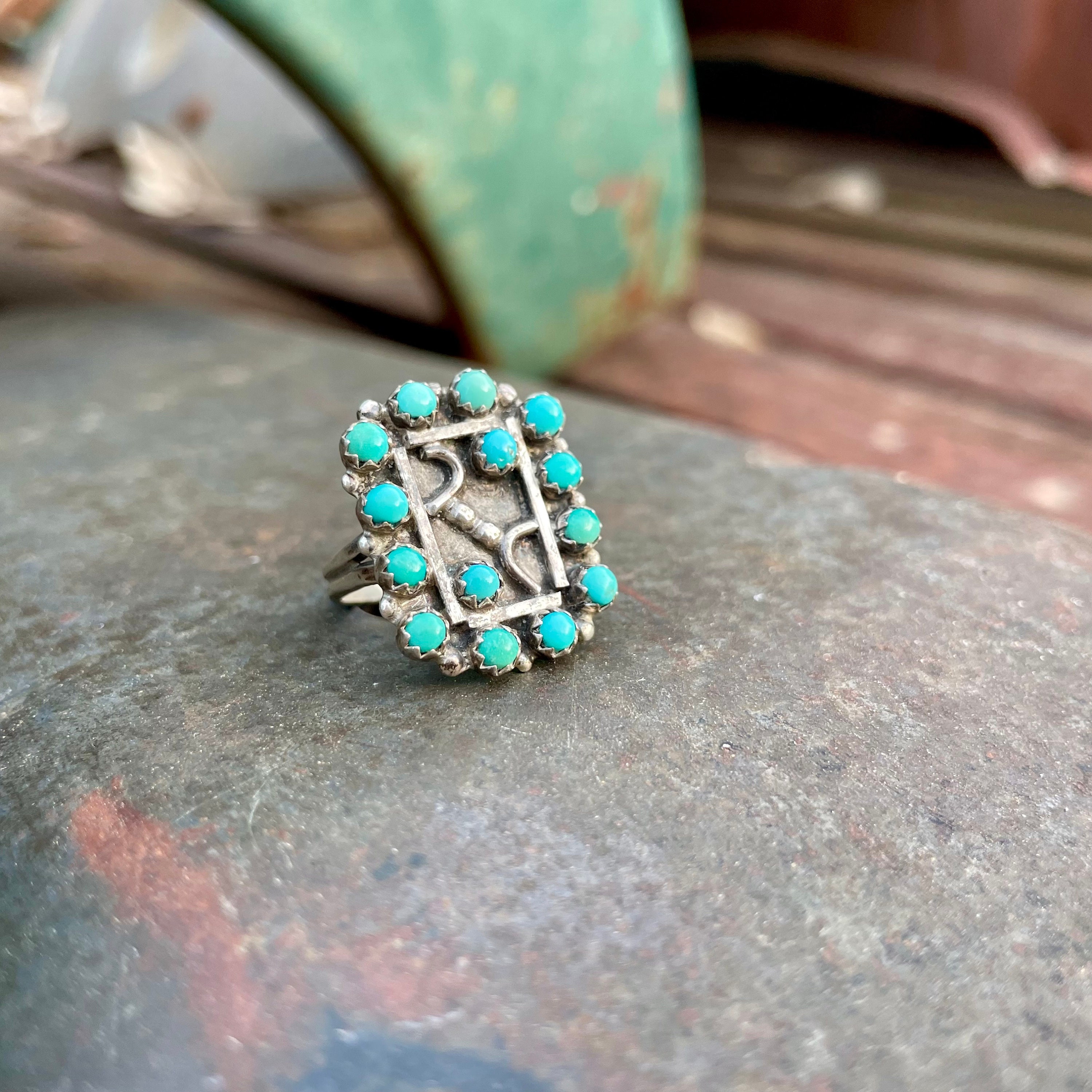 Vintage Zuni Snake Eye Turquoise Ring Approx Size 6.5 W/ Old Vintage Zuni Snake Eye Turquoise Ring Approx Size 6.5 W/ Old