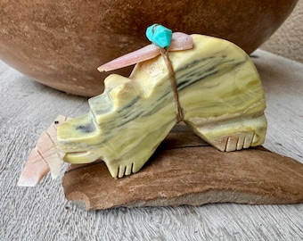 Zuni Fetish Carving Serpentine Bear with Fish in Mouth, Mother of Pearl Arrowhead Bundle