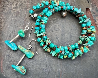 Chip Turquoise Earrings + Wire-Bracelet, Southwestern Jewelry, Blue Stone Nuggets