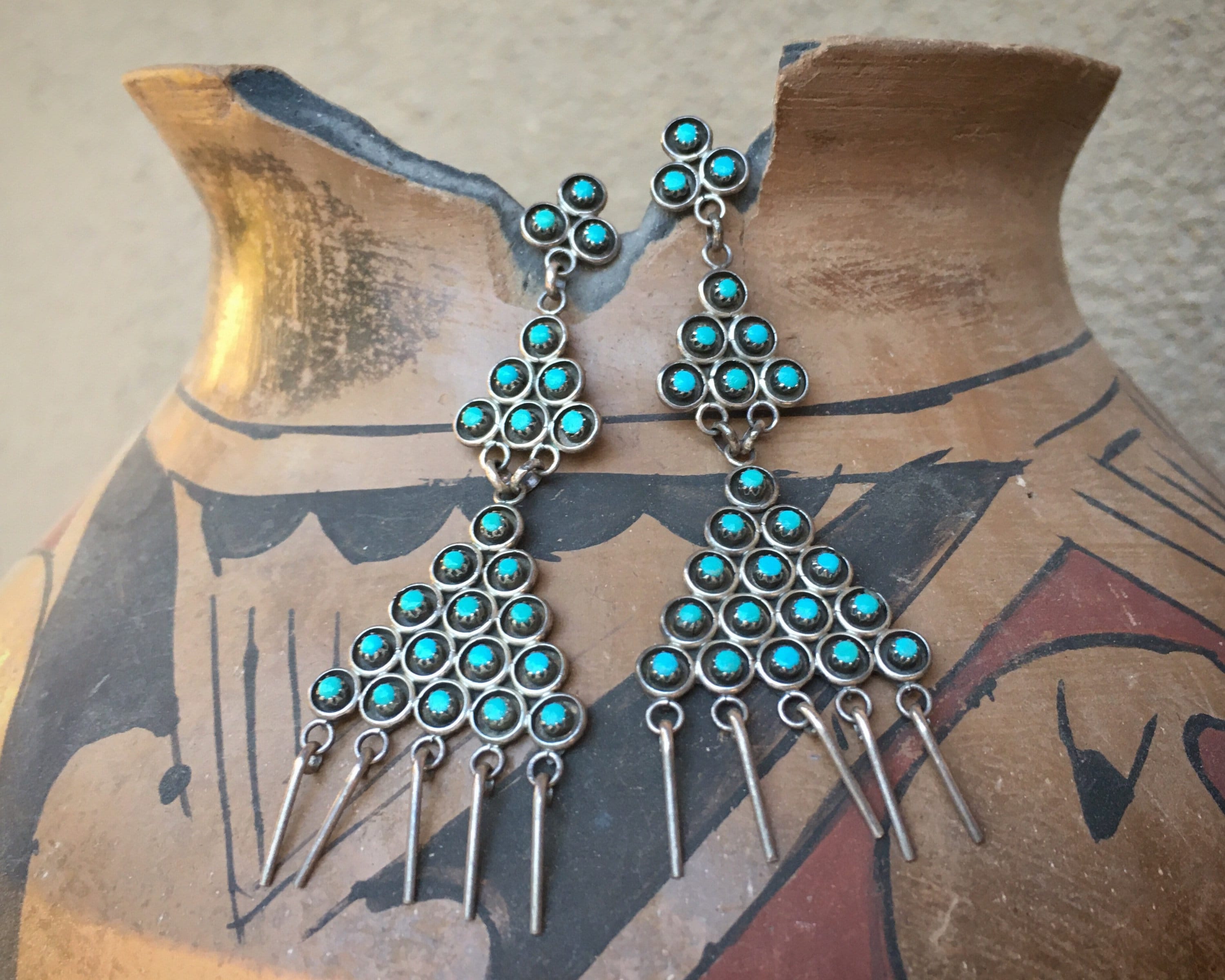 Zuni Snake Eye Turquoise Chandelier Earrings for Women, Vintage Native