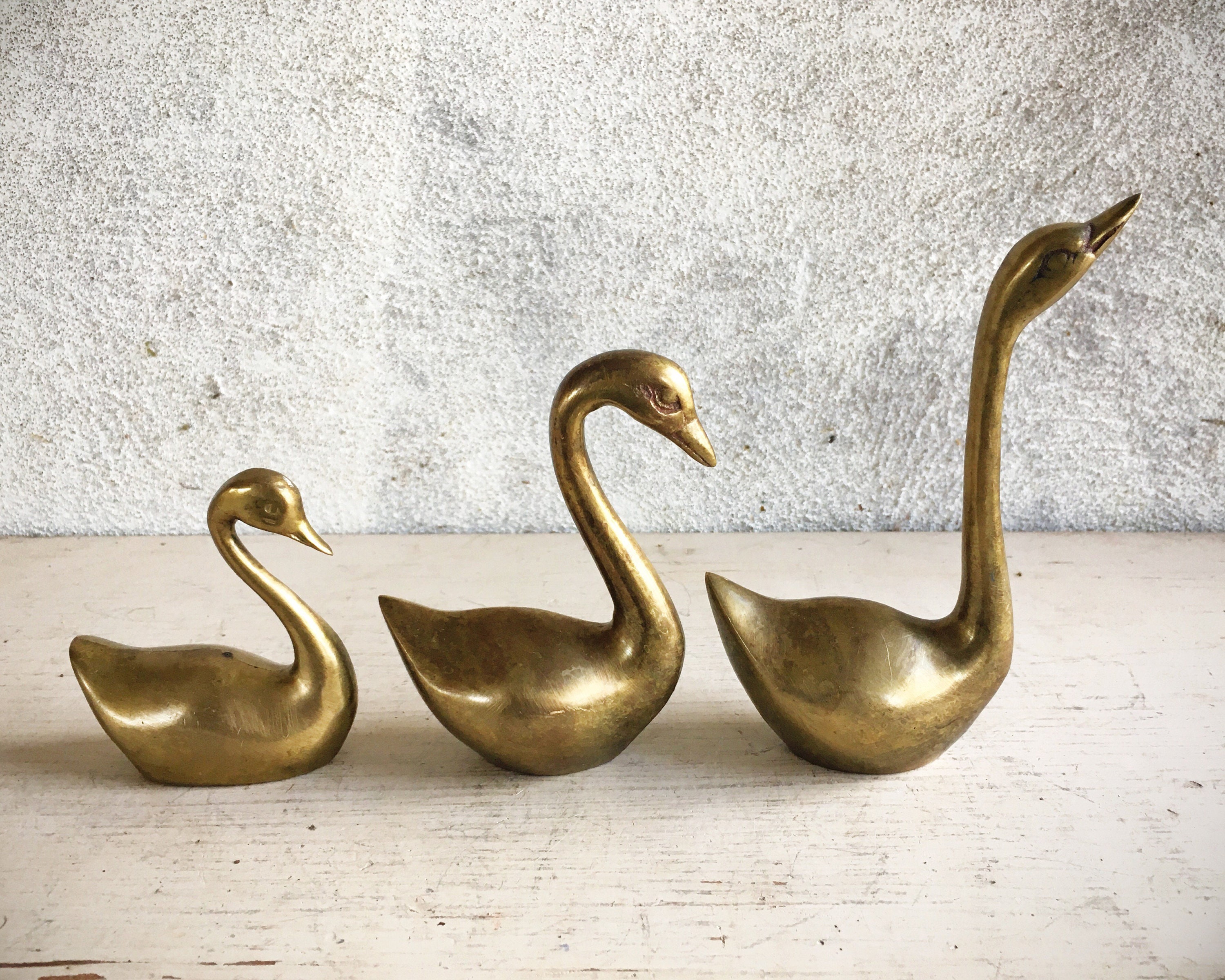 Family of Three Small Brass Swan Figurines, Office Computer Area