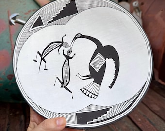 Vintage Acoma Plate 9.25" Dia by Emma Lewis 1985, Two Lizards and Crane