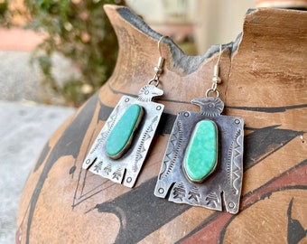 Navajo Fred Begay Stamped Silver Turquoise Thunderbird Earrings, Native American Jewelry