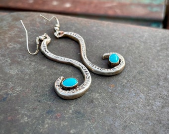 Vintage Tufa Cast Sterling Silver Wavy Earrings w/ Turquoise, Snake Reptile Like Design, Signed Navajo Native American Indian Jewelry Women