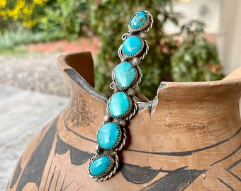 Vintage 3.5" Extra Long Turquoise Ring Size 7.75, Signed Navajo Native American Indian Jewelry
