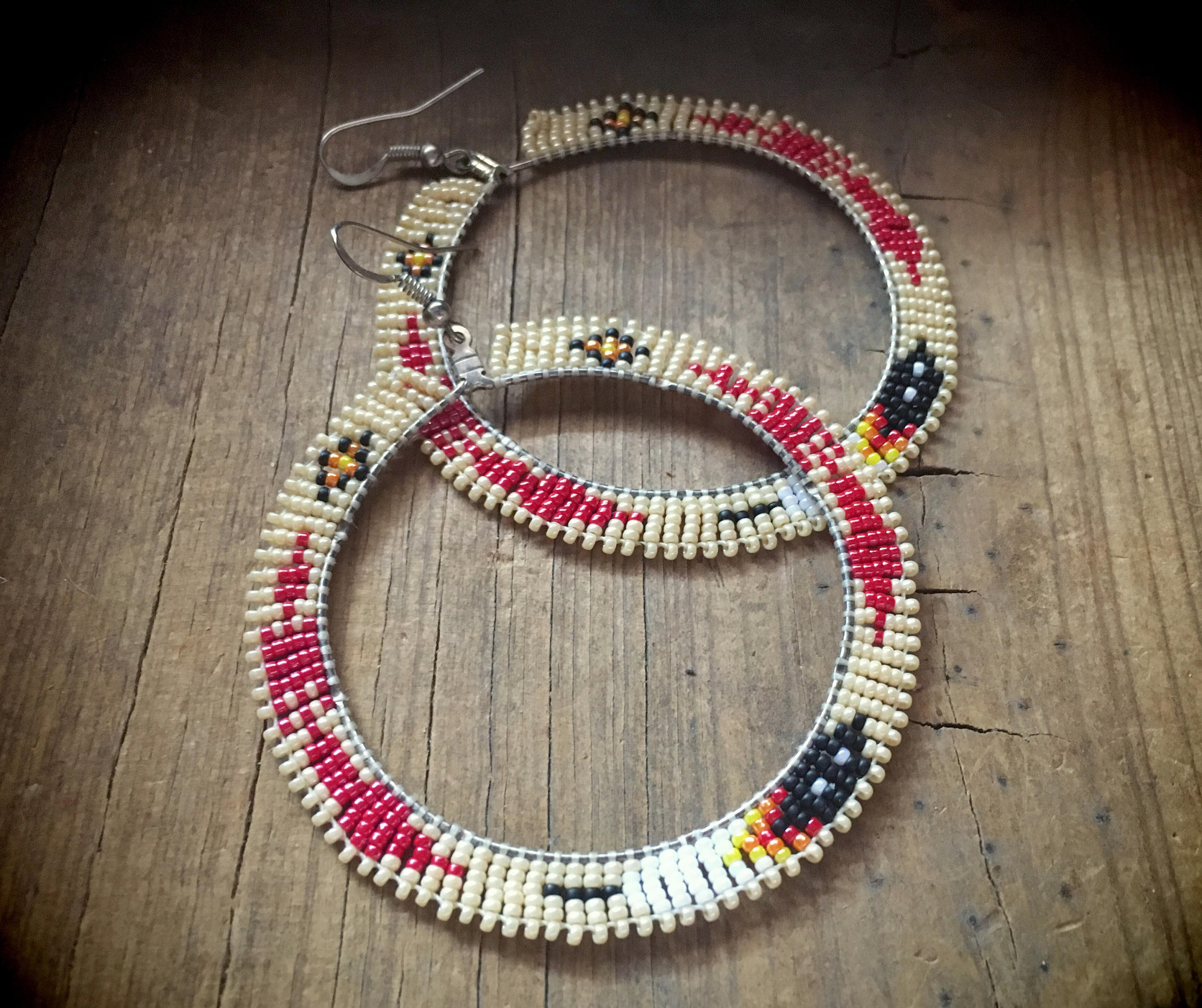 Vintage beaded hoop earrings large pink white black seed beads