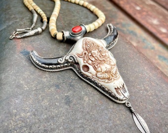 Large Pendant Steer Skull Carving in Sterling Silver Bezel on Vintage Shell Beaded Necklace