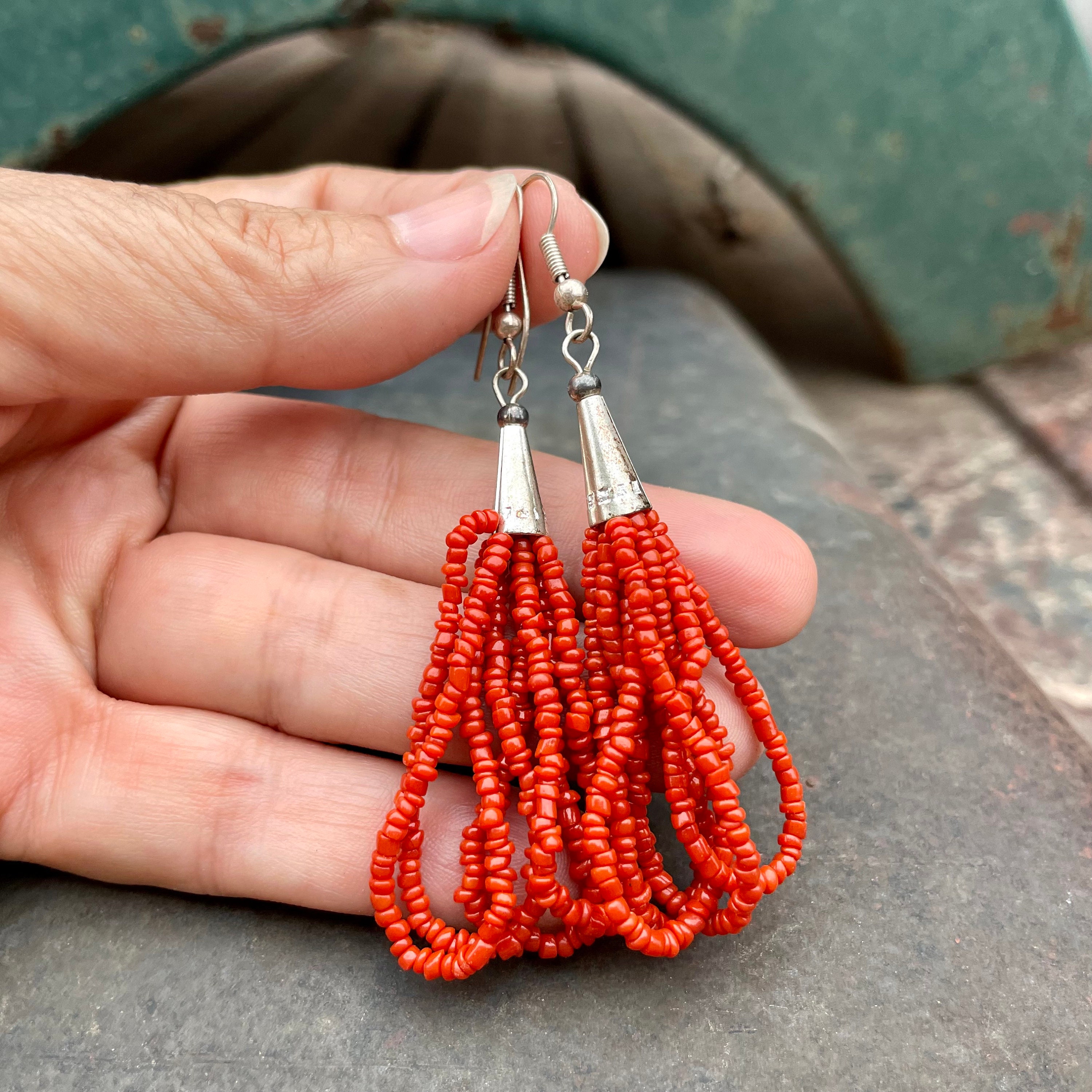 1970s Coral Colored Seed Bead Hoop Earrings with Cones, Bohemian Hippie ...