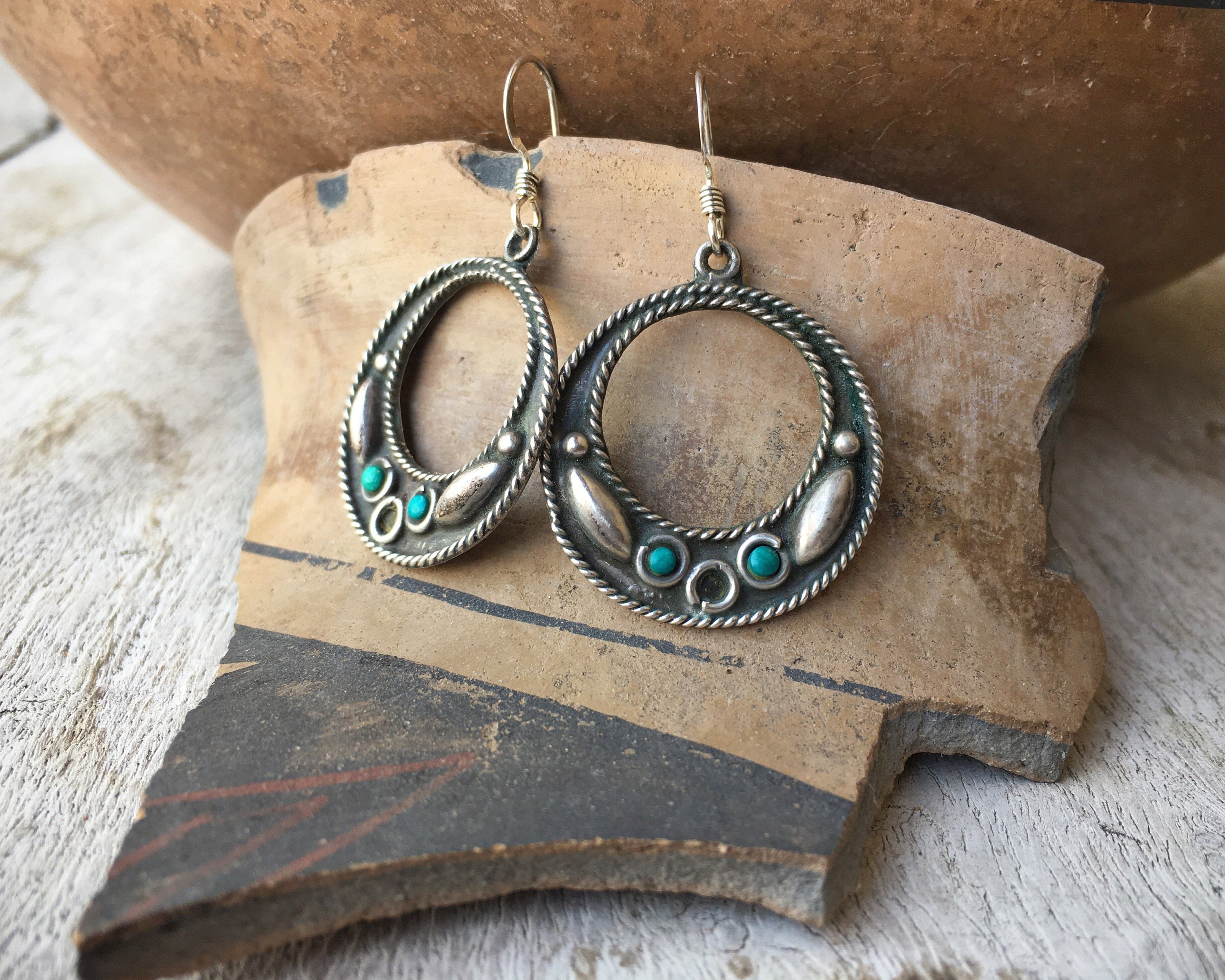 Vintage 1 Diameter Mexican Hoop Earrings with Turquoise and Sterling ...