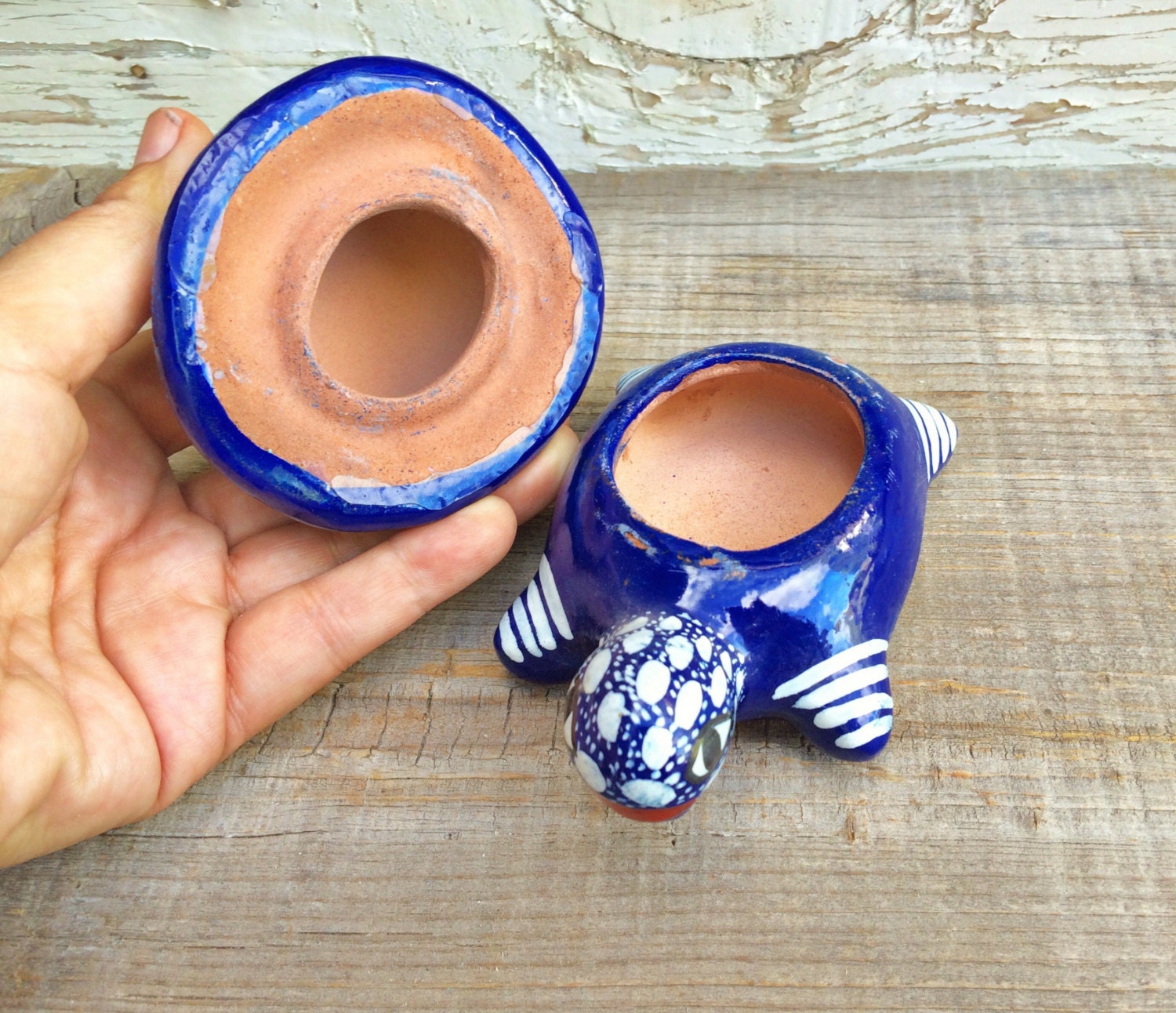 Vintage Guerrero colorful ceramic turtle trinket box, Mexican pottery