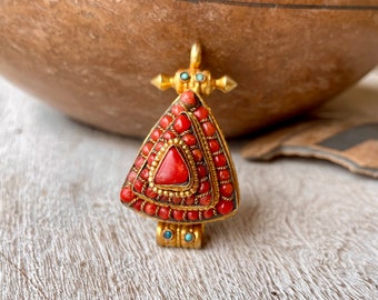 Vintage Coral Encrusted Tibetan Gau Amulet Box Pendant Gold Tone with Turquoise Accents, Tribal