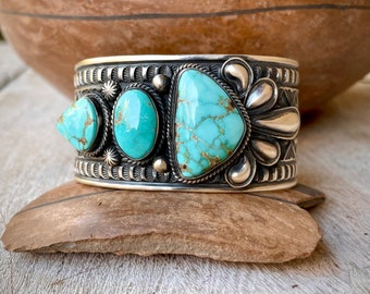 Navajo Andy Cadman Waterweb Turquoise Sterling Silver Cuff Bracelet Size 6.5, Native American Indian Jewelry Unisex, Western Rodeo Style