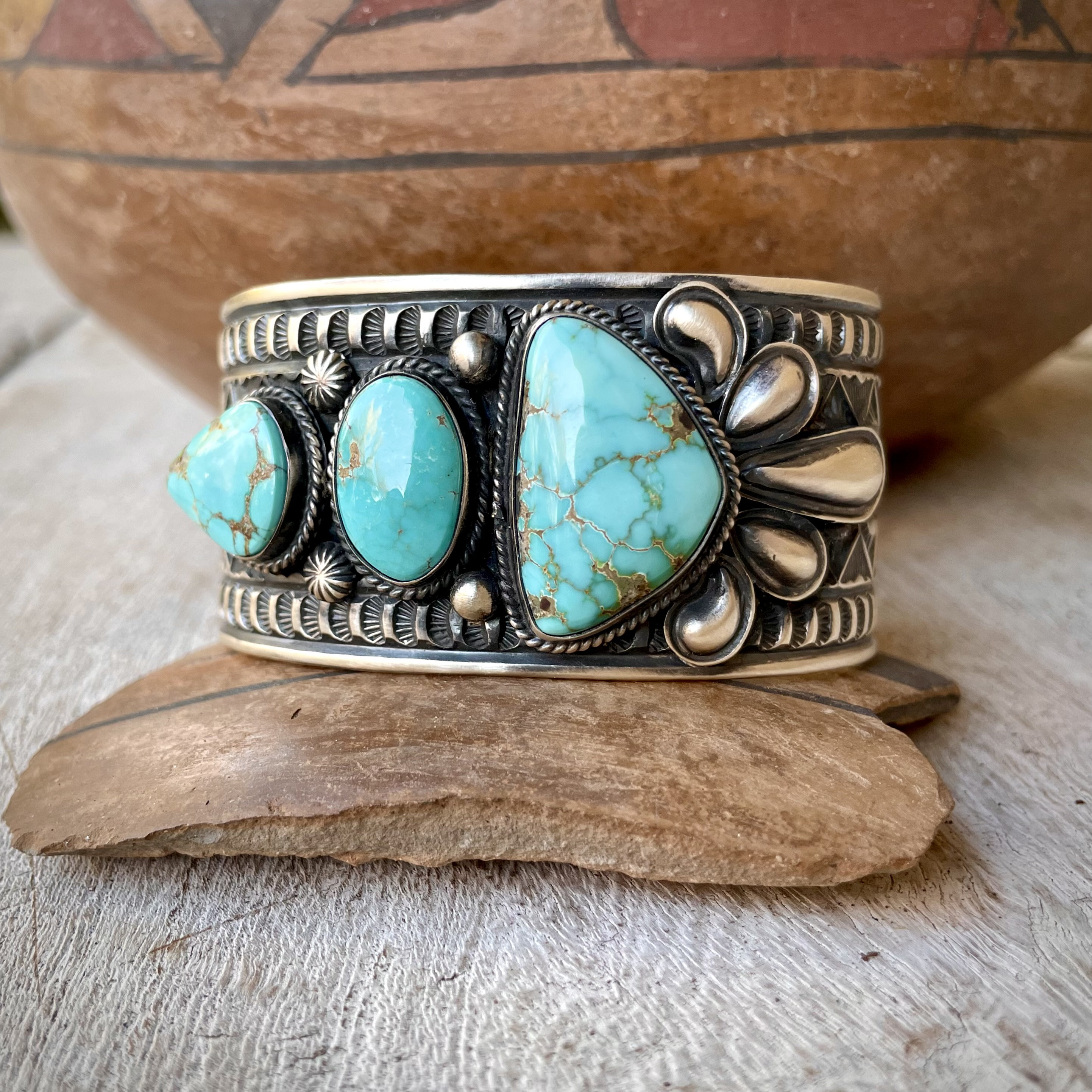 Incredible Detail Vintage Native American Navajo Blue Gem Turquoise Sterling Silver Bracelet Incredible Detail Vintage Native American Navajo Blue Gem Turquoise Sterling Silver Bracelet