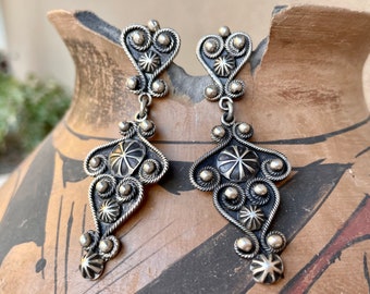 Navajo Geneva Apachito Sterling Silver Dangle Earrings, Native American Indian Jewelry Modernist
