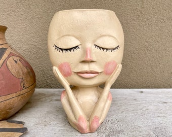 Lady Head Face Planter for Succulents, Molded Painted Resin Plastic, Drainage Hole, Eclectic Decor