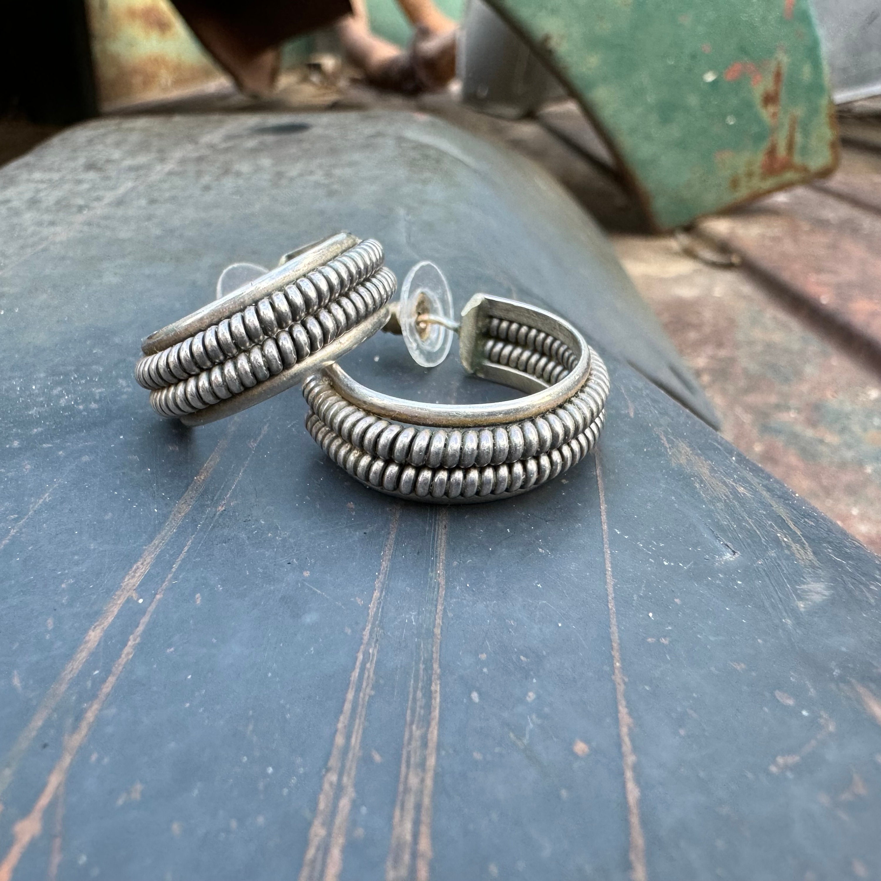 Custom Vintage Native American Navajo Sterling Silver Hoop Earrings Custom Vintage Native American Navajo Sterling Silver Hoop Earrings