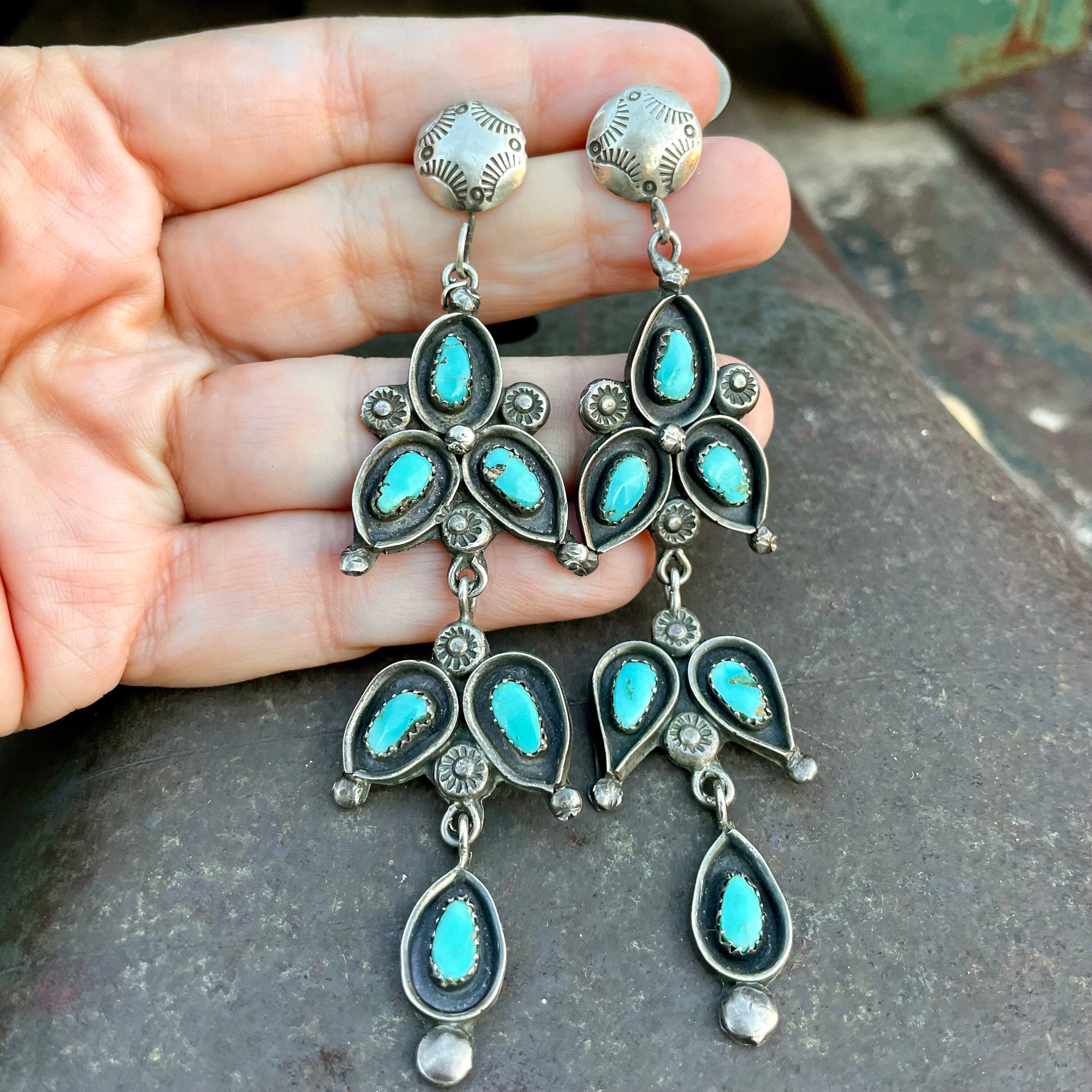 Fab Vintage Native American Zuni Turquoise Sterling Silver Chandelier Earrings Fab Vintage Native American Zuni Turquoise Sterling Silver Chandelier Earrings