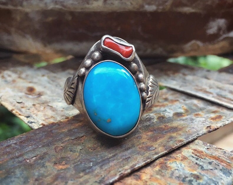 Sterling Silver Turquoise and Coral Ring for Men Size 13