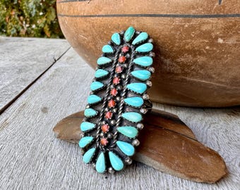 Vintage Natural Turquoise Coral Cluster Long Ring Approx Size 8.5, Signed Navajo Zuni Jewelry