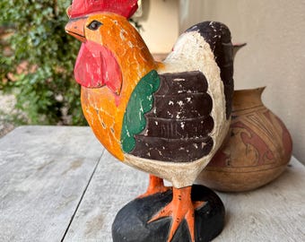 Vintage Painted Wooden Rooster Tabletop Statue Approx 12" Tall, Indonesian Folk Art Display