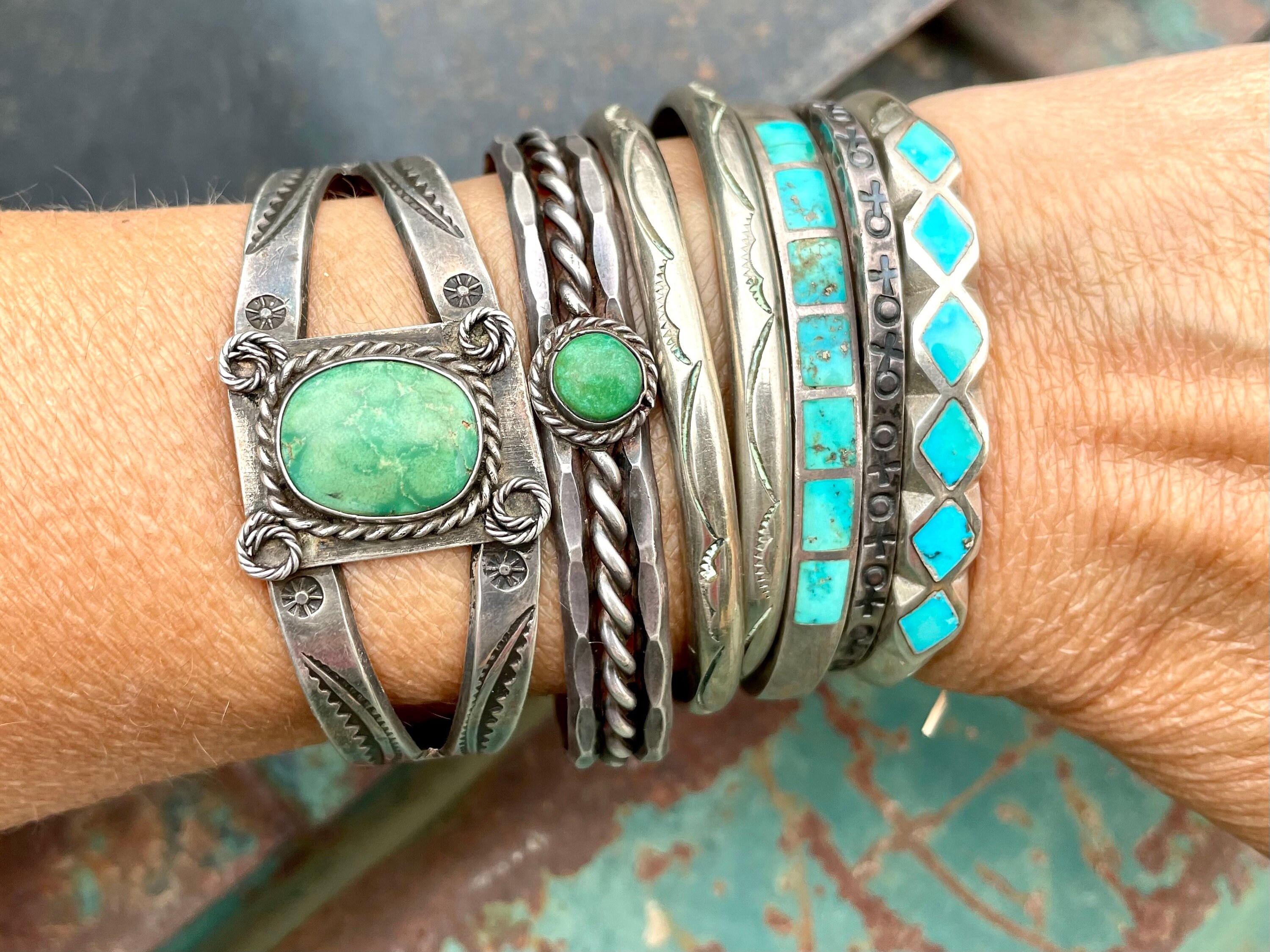 Fred Harvey Era Natural Green Turquoise Cuff Bracelet for Small