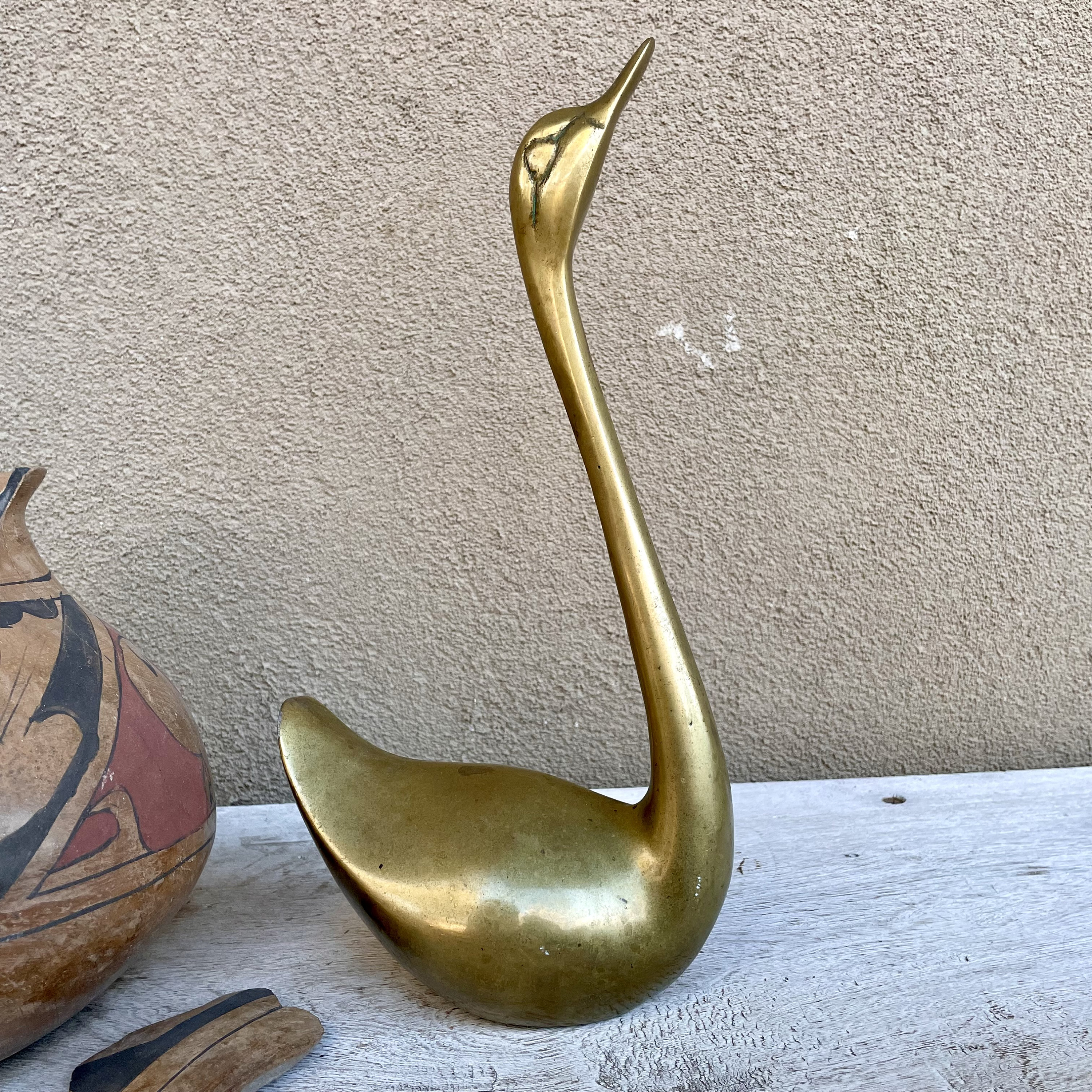 Vintage Tall Slender Solid Brass Swan Figurine, Hollywood Regency Decor,  Bird Gift for Mother