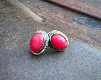 Mexican Sterling Silver Pink Gemstone Post Earrings 1/2" x 3/4", Nice Weight, Circa 1990s