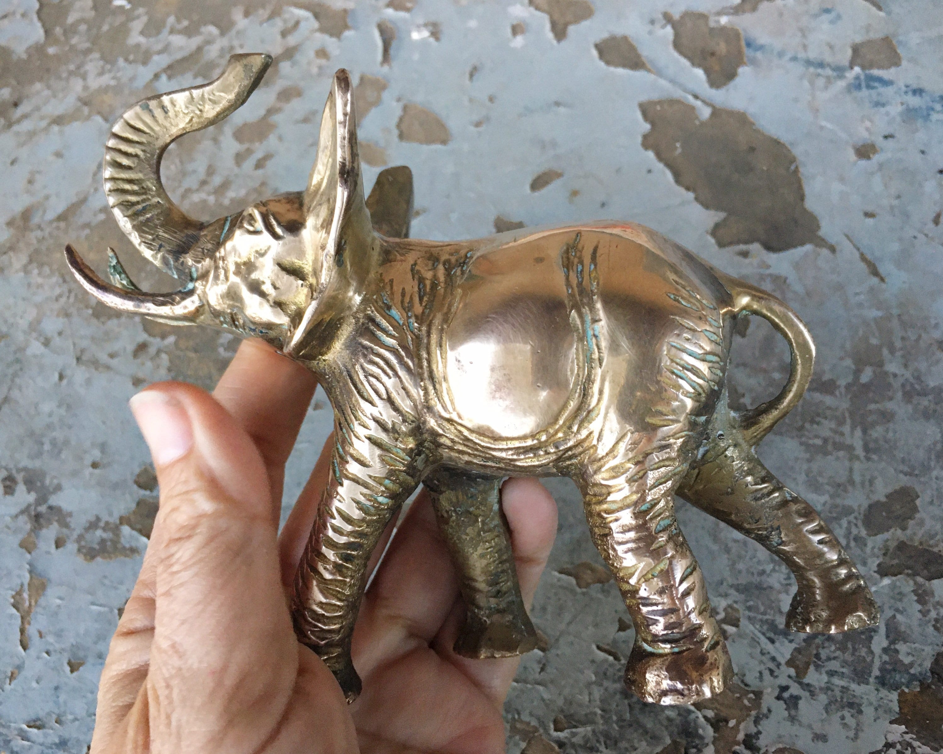 vintage brass lucky elephant paperweight, solid brass miniature