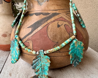 Vintage Carved Turquoise Necklace with Leaf Tabs and Heishi Approx 26"