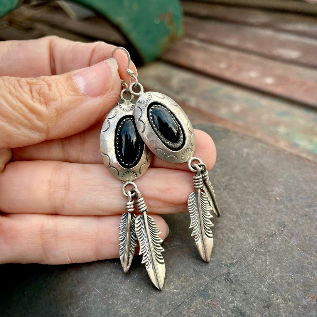 Vintage Sterling Silver Shadowbox Black Onyx Earrings With Feathers, Simple  Native American Indian Style Jewelry, Gift for Mom Her - Etsy