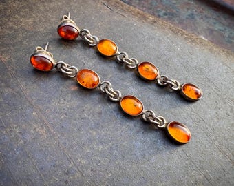 Sterling Silver Amber Earrings Dangle to Approx 2.25", Southwestern Jewelry